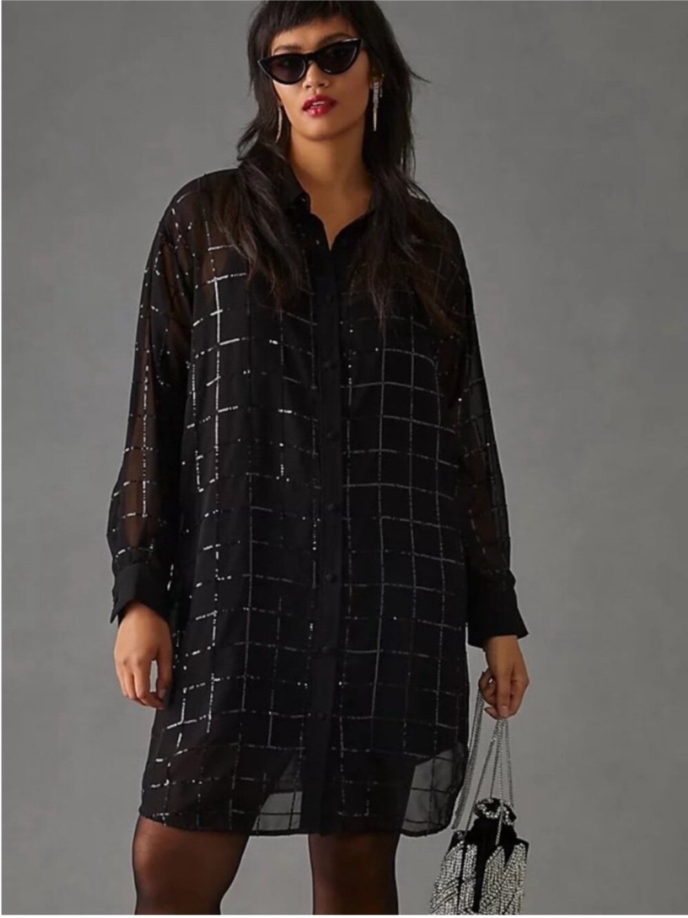 Rdalamal for Anthropologie Black Sheer Grid Button-Up Dress